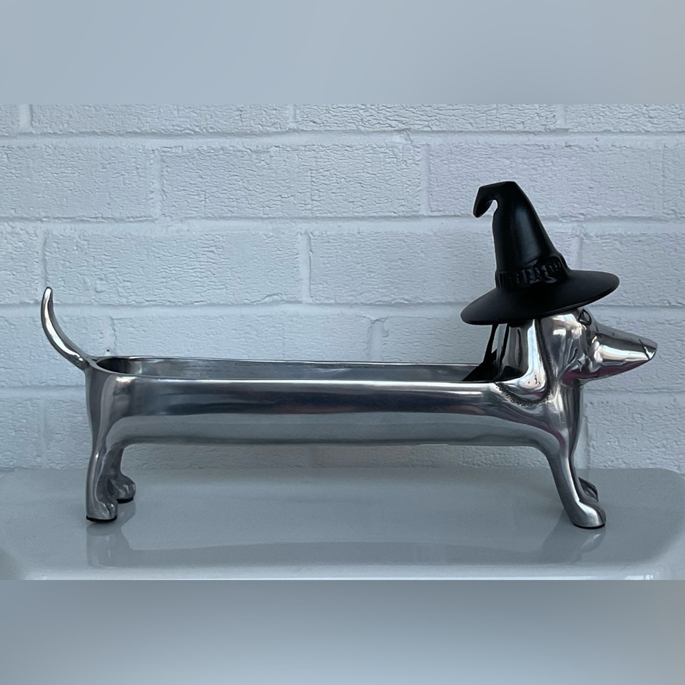Halloween Dachshund Witch Dog Silver Metal Candy Dish Serving Tray Platter Decor